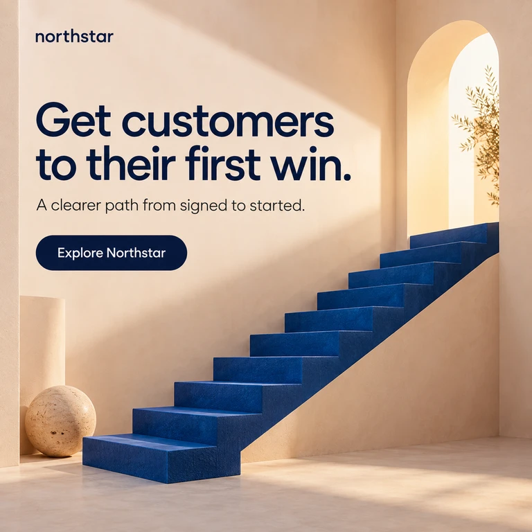 Northstar ad with blue architectural stairs and the headline Get customers to their first win.
