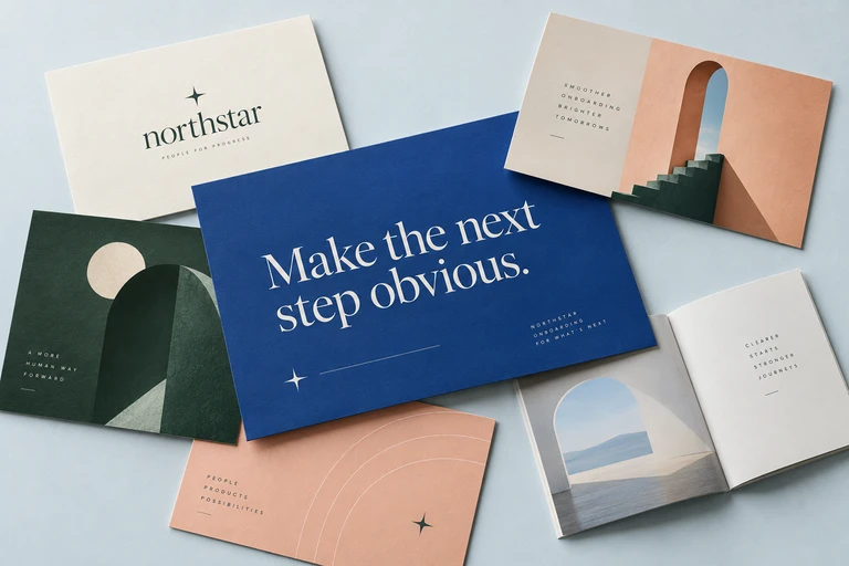 A collection of cobalt, cream, peach, and green Northstar campaign artwork on printed cards.