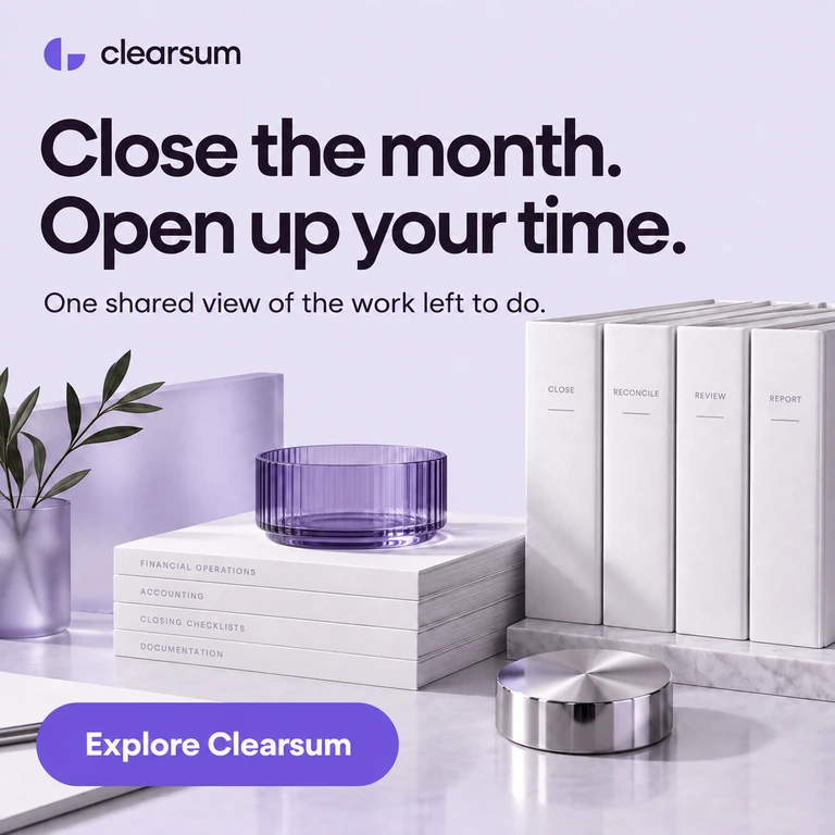 Clearsum ad creative with white folders, violet glass, and a product call to action.