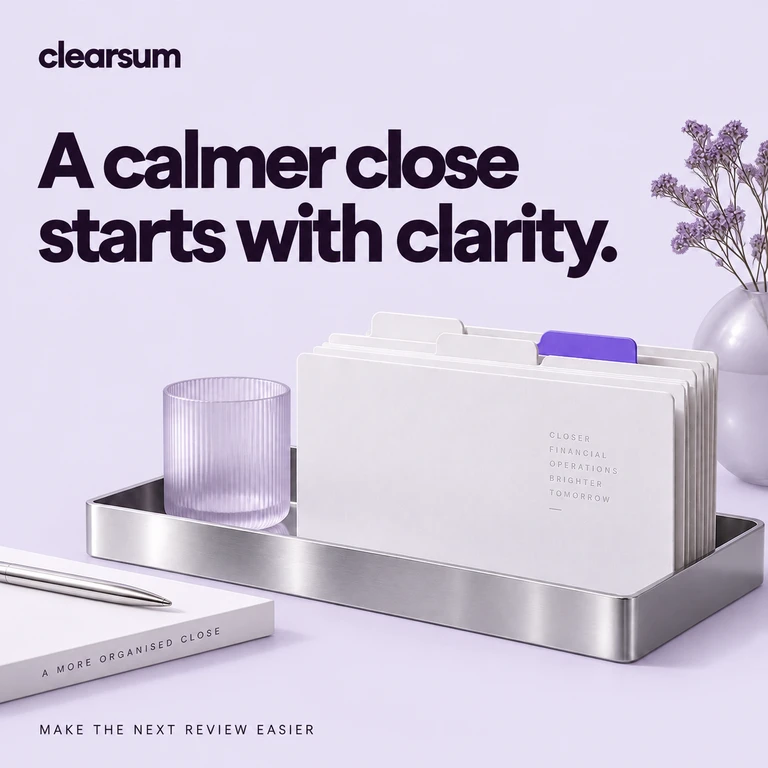 Clearsum social creative in lilac and aubergine with carefully organized folders.