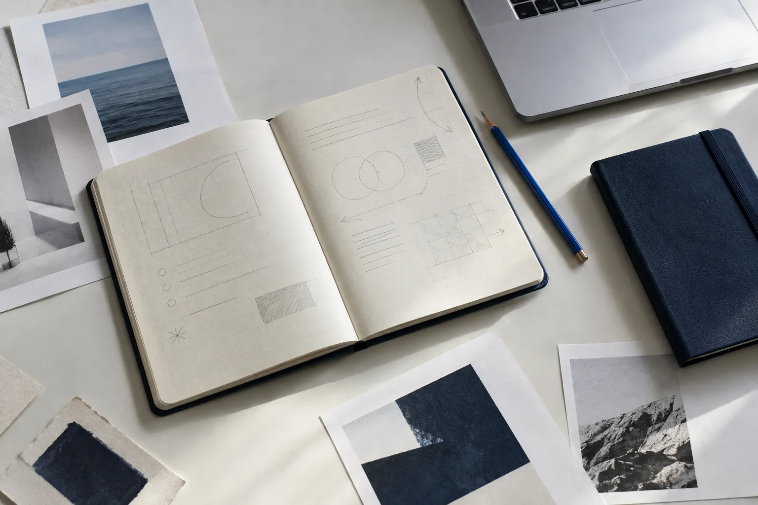 An editorial still life with paper proofs, a notebook, and a cobalt pencil in natural light
