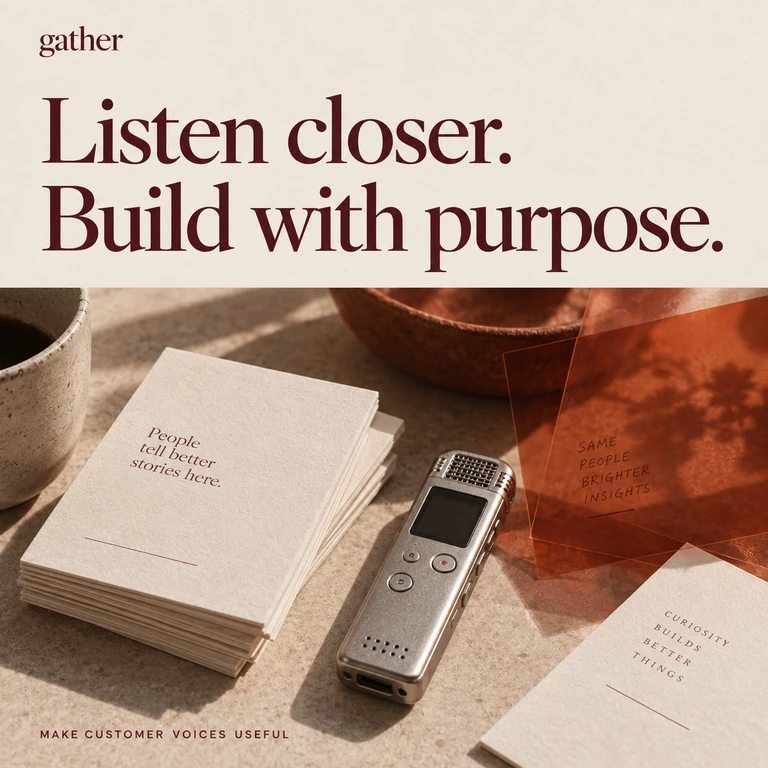 Gather social creative featuring warm research materials and burgundy editorial type.
