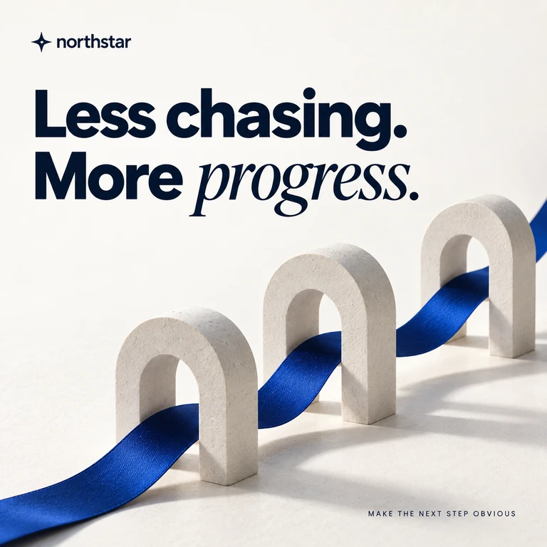 A cobalt ribbon threads through white arches beneath the headline Less chasing. More progress.