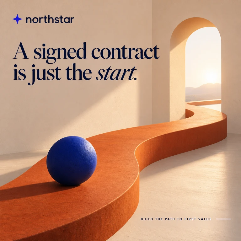 A cobalt sphere begins a curved orange path beneath the headline A signed contract is just the start.
