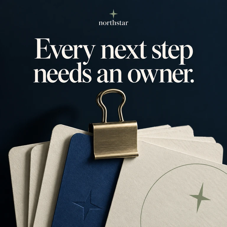 Cream and cobalt cards held by a metal clip on navy, with the headline Every next step needs an owner.