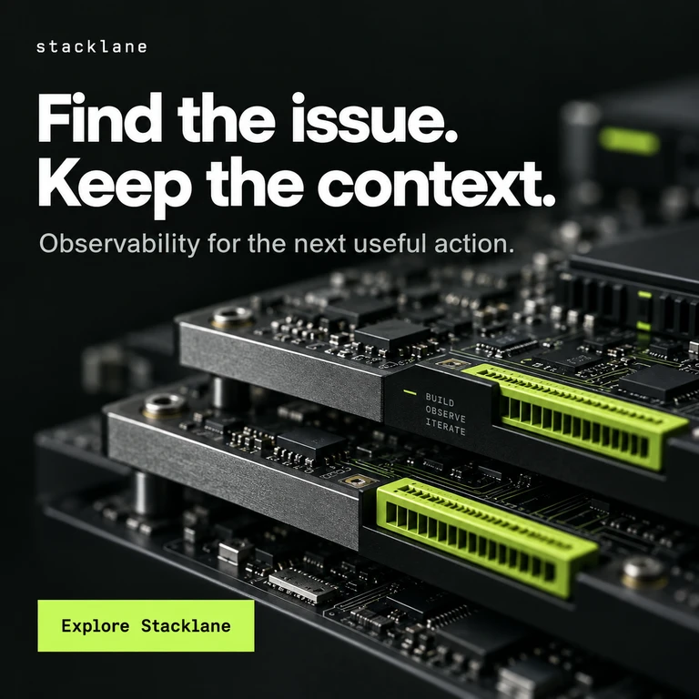 Stacklane ad creative featuring precision circuitry and a lime call to action.